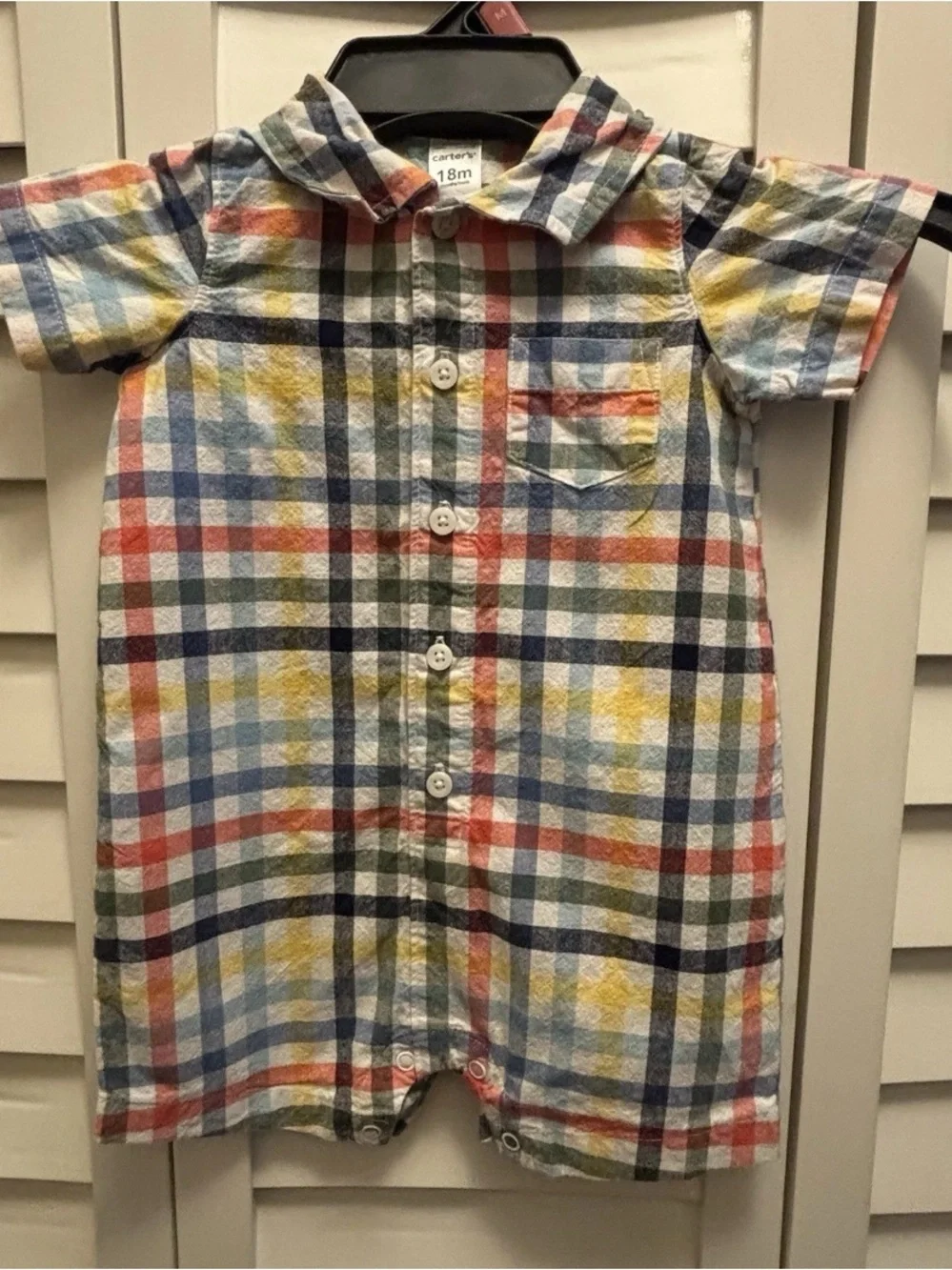 Carter’s Romper Boys 18M Plaid Button Down Collared Short Sleeve Snap One Piece
